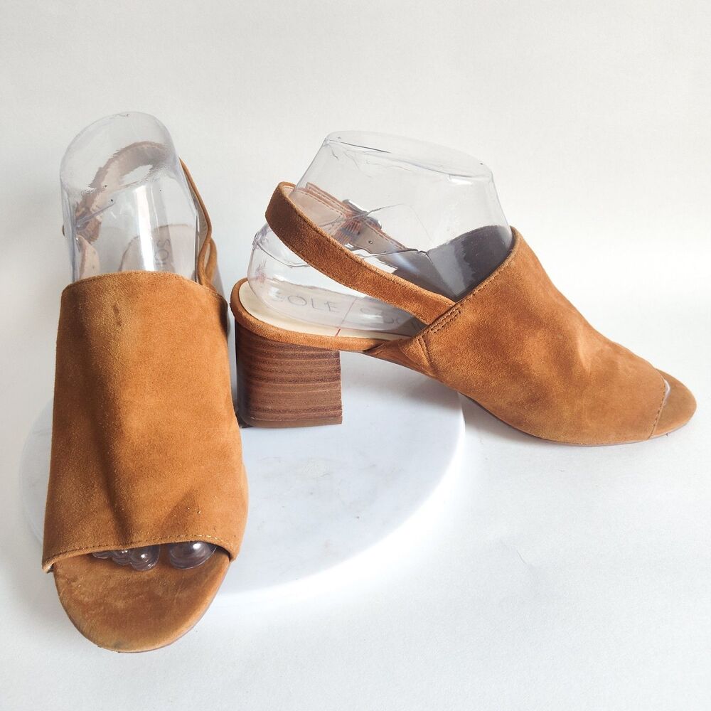 Sole Society Camel‎ Tan Suede Slingback Ankle Booties 7.5 Open Toe Block Heels